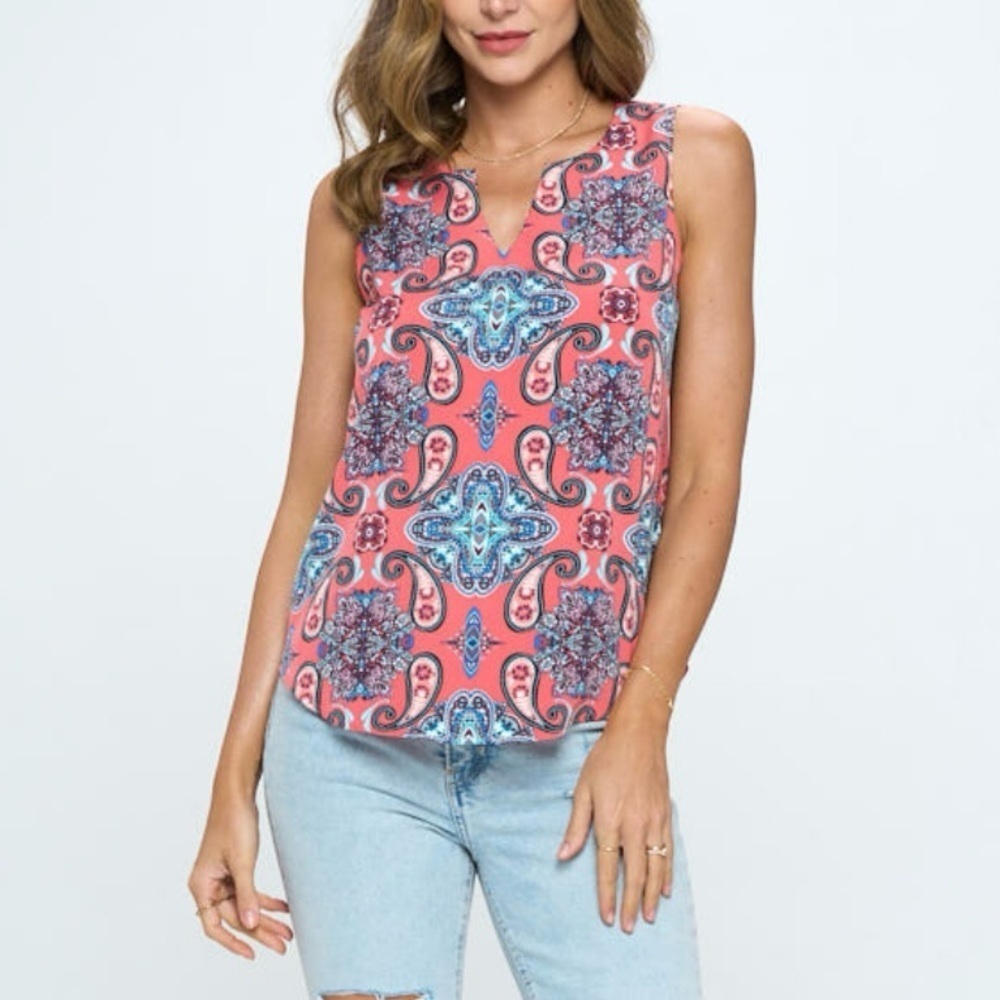 Verse Multicolor Coral Paisley Sleeveless Blouse Size Large Made in the U.S.